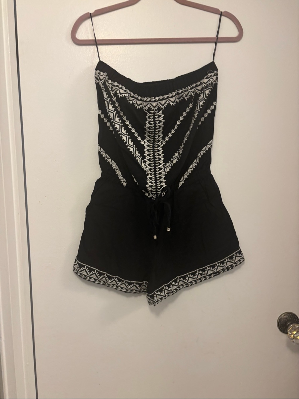 Angie Black Strapless Embroidered Romper with Drawstring boho shorts